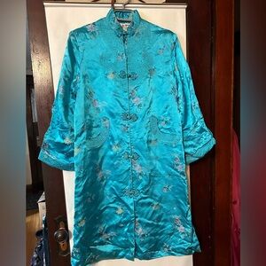 Vintage Blue Floral Lined Jacket / 60s Silk Quilted Robe L, made in Hong Kong